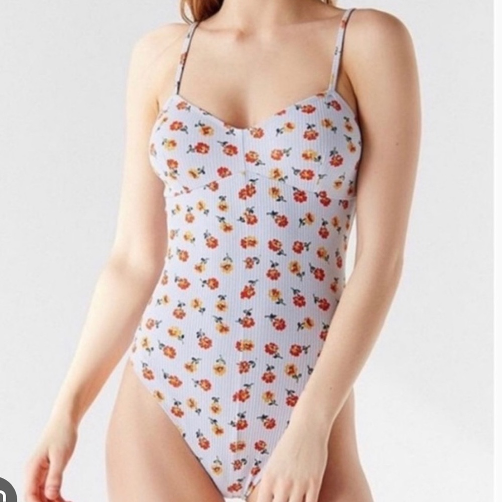 UO Out From Under Ribbed Bodysuit Blue Floral Sz S